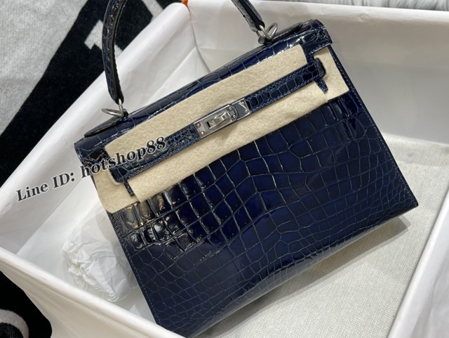 Hermes專櫃經典款Kelly手提女包 愛馬仕純手工凱莉25CM午夜藍高光尼羅鱷魚皮Kelly包 zhh1251